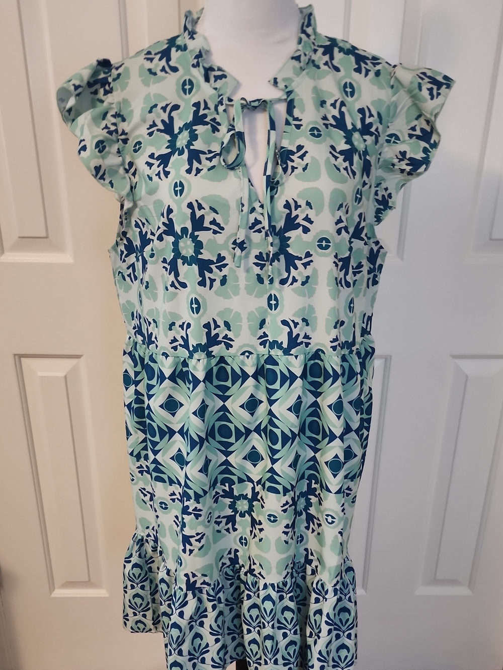 Mint & Navy Floral Geometric Tiered Dress